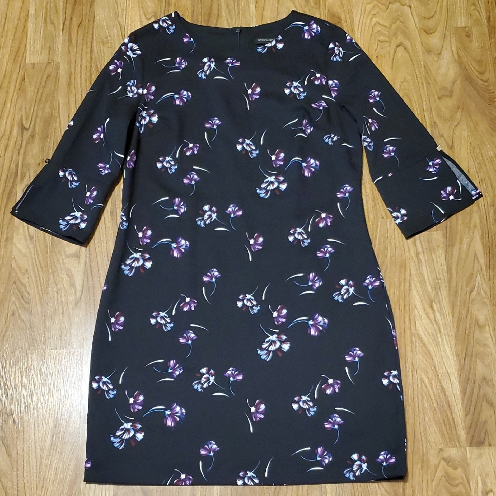 Banana Republic NWT Black and Purple Floral 3/4 Bell Sleeve Dress Womens Size 10